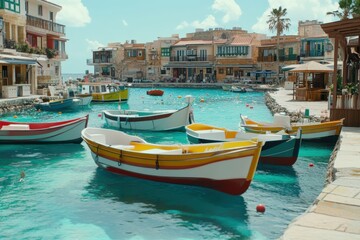 Fototapeta premium Colorful fishing boats in a picturesque harbor.