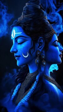 Divine Ardhanarishvara depicting Shiva Parvati unity in abstract digital art. Indian Hindu God Krishna in Space. Hinduism ultimate reality, spiritual awakening, enlightenment. Devotion, powerful love.