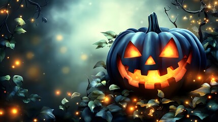 Fototapeta premium Glowing Jack-O'-Lantern Among Enchanting Autumn Foliage on a Mysterious Night