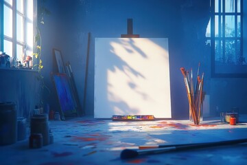 Sunlit 's with blank canvas and art supplies.