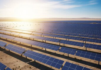 Solar Panel Farm with Sun Flare | An expansive solar panel farm stretches across a vast, arid landscape under a bright sun with a beautiful lens flare, representing renewable energy and sustainable po