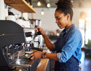 A barista prepares a latte at a professional espresso machine in a cozy coffee shop. The scene captures the meticulous process of brewing coffee, with various barista tools.