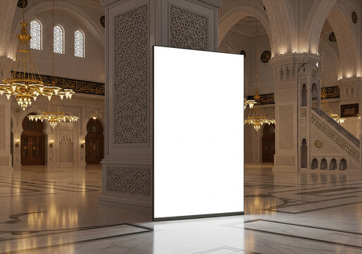 Blank Stand Banner Mockup in an Ornate Mosque Interior | A bright, vertical blank stand banner sits within the detailed and elegant interior of a mosque, ready for religious messages or informational 