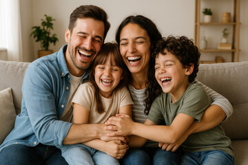 Family sitting on a couch, laughing together.