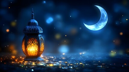 An intricately designed lantern illuminated in a serene landscape, paired with a crescent moon against a dreamy blue night sky creates a tranquil and culturally rich atmosphere.