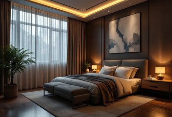 Obraz premium A dimly lit, sophisticated bedroom with a large bed, neutral tones, ambient lighting, sheer curtains, and a large piece of abstract art above the headboard. A plant and side tables complete the scene