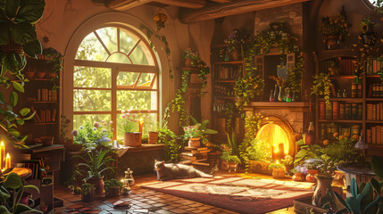 Obraz premium Cozy, sunlit interior room with plants, bookshelves, and a fireplace, perfect for relaxation.