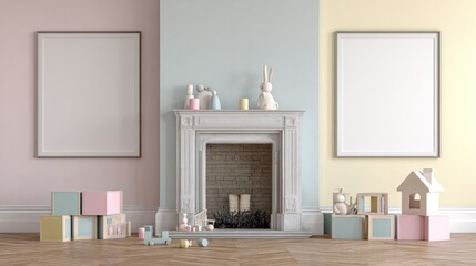 Fototapeta premium Pastel-toned children's room with fireplace and frames