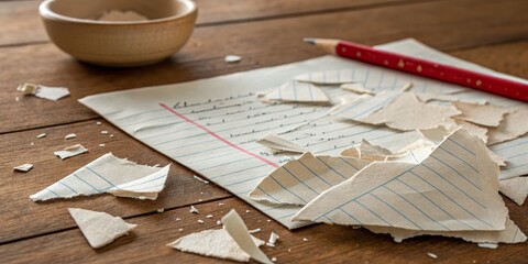 Torn Note Paper on Wood Table Composition, Close-up, Destruction Concept, Notebook Paper, Pencil, Shredded Notepaper, Destruction