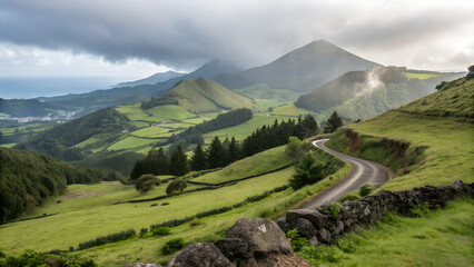 Obraz premium Scenic Mountain Landscape with Green Hills and Ocean in the Distance