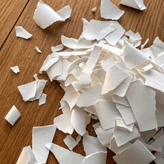 Torn Paper on Wood High Angle, Close-up Composition, Abstract Texture, Destruction Concept, White Paper Scraps. shredded paper, texture