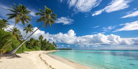 Tropical Beach Landscape Palm Trees, White Sand, Turquoise Water, Bright Sky, Island Paradise. Beach, Paradise