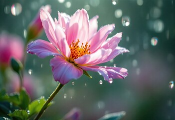 A delicate pink flower, possibly a cosmos, is showcased in a close-up shot, with rain droplets falling around it, backlit by soft, diffused sunlight, creating a serene and ethereal atmosphere. 