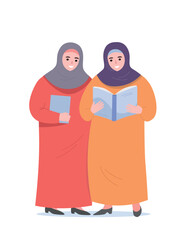 Muslim girls in hijabs with books in their hands. Vector flat graphics.