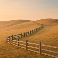 Obraz premium Winding Fence in Misty Rolling Hills at Sunrise