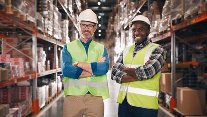 Camera approaching male workers standing indoor in warehouse looking at camera and smiling. Mixed-race employees at workplace in delivery storehouse with smile on faces. Storage, logistics center