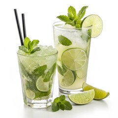 Two Mojito Cocktails Iced Mint Lime Drinks, Photography, Recipe, Refreshing Mojito, Lime, Mint