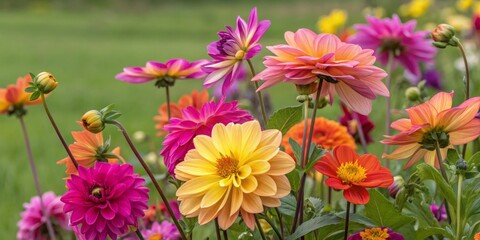 Vibrant Dahlia Garden Close-Up Composition of Multicolored Blooms, Flower Photography, Floral Beauty Dahlia, Flower Photography