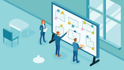 Team collaboration on a project board with sticky notes in a brightly lit modern office space setting