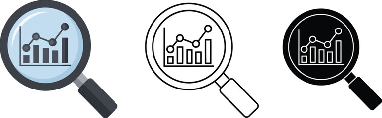 Data analysis with magnifying glass vector illustration for business and market research icon set