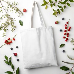 White Tote Bag Mockup with Berries and Greenery, Flat Lay, Eco-Friendly Shopping Bag, Canvas Bag Eco-Friendly, Mockup