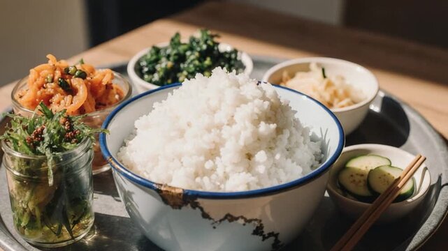 Worn Enamelware with Rice and Side Dishes in Natural Light