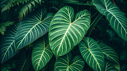 Lush Green Tropical Foliage Featuring Monstera and Philodendron Leaves in Natural Light

