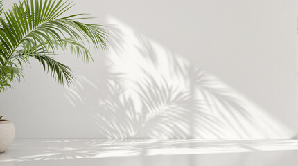 Minimalist white room with a potted palm and sun shadows