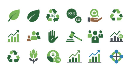 Flat vector icon set of ESG investing including environmental leaf, recycling symbol, social responsibility, governance, growth chart, judge gavel, and corporate ethics for sustainable business.

