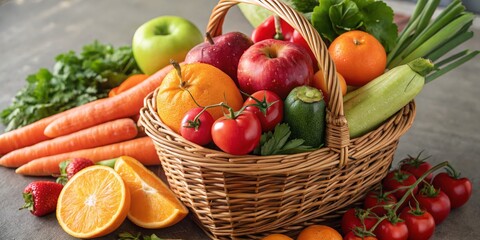 Wicker Basket of Fresh Produce Colorful Fruits and Vegetables, Healthy Diet, Organic Food Healthy Eating, Farm Fresh
