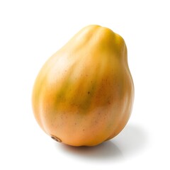 Photo of a whole, ripe papaya with a smooth, vibrant yelloworange skin rests on a clean white background, ready for consumption