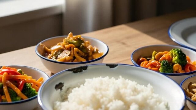 Worn Enamelware with Rice and Side Dishes in Natural Light