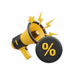 Megaphone Announcing Sale Promotion with Star and Lightning Bolts and Percentage Symbol, Representing a Special Offer or Discount