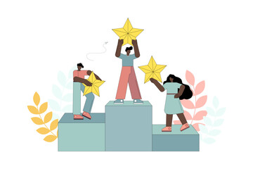 Business concept, team leader, movement to success, flat people happy to be winners, successful career, high rating. Vector.eps