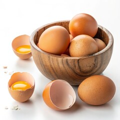 Wooden Bowl of Brown Eggs, Cracked Eggs, Yolk, Still Life Photography, Food Photography, Egg Composition, Egg