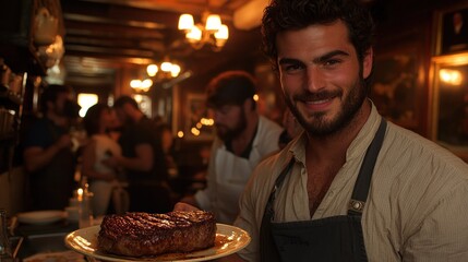 Handsome Chef Presenting Delicious Grilled Steak in a Rustic Restaurant