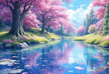 Serene landscape painting of a tranquil stream reflecting pink cherry blossoms and lush greenery under a sunny sky, with mountains in the background