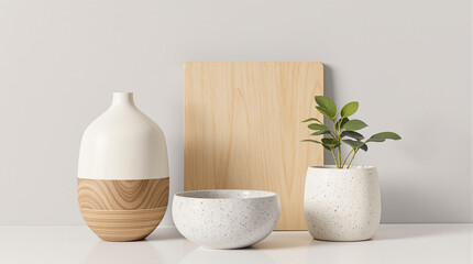 Minimalist, neutral-toned home decor featuring a wooden cutting board, white ceramic bowl and vase, and small potted plant