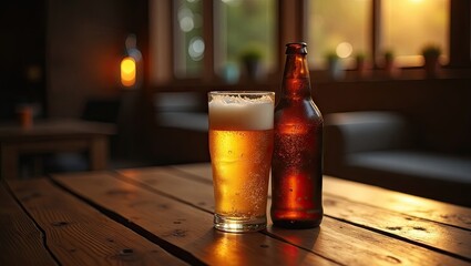 A half-full pint glass of light beer sits beside a full brown bottle on a rustic wooden table in a dimly lit interior space, warm light illuminating the scene