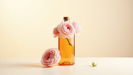 Amber glass bottle with a cork stopper adorned by pale pink ranunculus blossoms sits on a cream surface against a pale yellow backdrop; two additional blossoms rest beside it