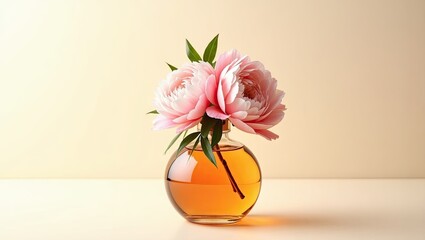 Two pale pink peonies in a round, amber glass vase sit on a light beige surface against a similar background.  The image is softly lit, creating a serene and elegant mood