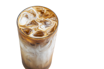 a glass of iced coffee with a swirly liquid