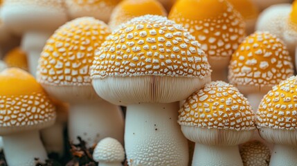 Obraz premium Close-Up Shot of Cluster of Yellow Mushrooms, Detailed Texture and Cap, White Stems, Nature Photography