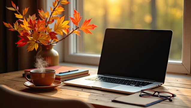 A cozy autumn workspace by a sunlit window features a laptop, books, a warm beverage, autumn leaves, and eyeglasses on a rustic wooden desk