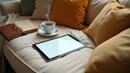 A steaming cup of coffee rests on a cream-colored couch beside a tablet with a blank screen, an open book, and a leather-bound notebook, surrounded by soft, earthy-toned pillows
