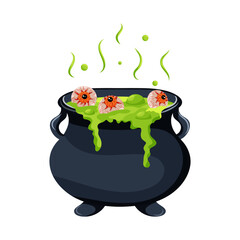 Creepy witch's cauldron with bubbling green slime and floating eyes. Vector illustration for Halloween.
