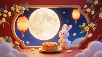 3D illustration of Mid-Autumn Festival with mooncake, rabbit, and moon