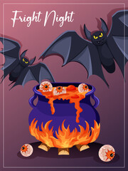 Halloween vector with bats, eyeballs, and boiling cauldron. Spooky illustration perfect for party posters or scary cards.