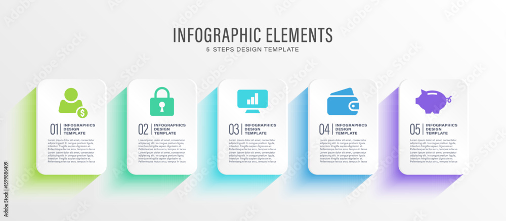 Aufkleber vector infographic design template. five steps horizontal infographic layout with business icons