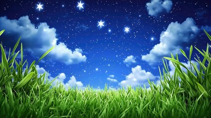 Fototapeta premium Night Sky over Lush Green Grass Starry Blue and White Cloudscape